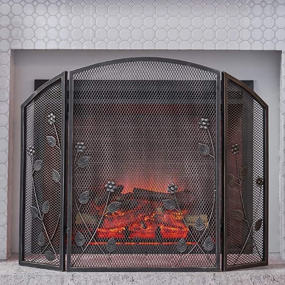 3パネル錬鉄製スクリーン、黒い暖炉スクリーン、ログバーナー